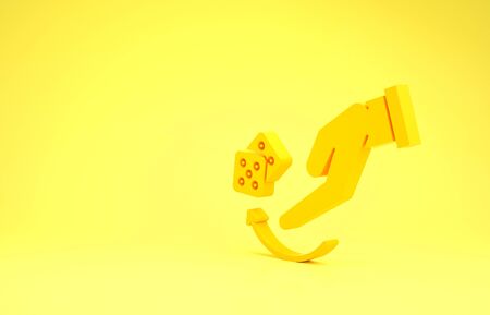 Yellow Human hand throwing game dice icon isolated on yellow background. Minimalism concept. 3d illustration 3D renderの写真素材