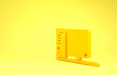 Yellow Computer monitor with keyboard and mouse icon isolated on yellow background. PC component sign. Minimalism concept. 3d illustration 3D renderの写真素材