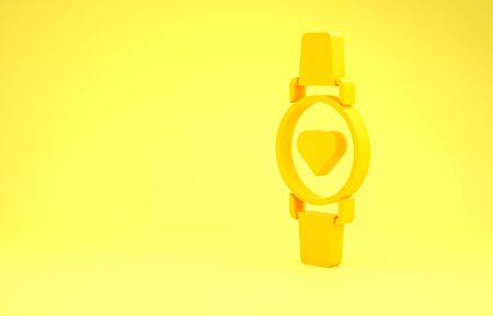 Yellow Smart watch showing heart beat rate icon isolated on yellow background. Fitness App concept. Minimalism concept. 3d illustration 3D renderの写真素材