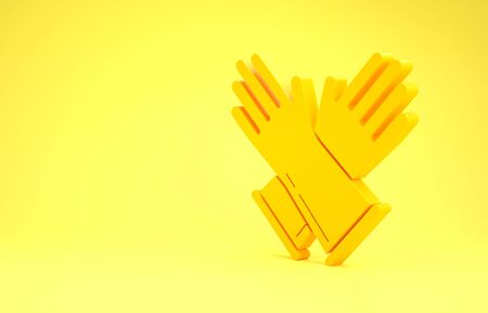 Yellow Rubber gloves icon isolated on yellow background. Latex hand protection sign. Housework cleaning equipment symbol. Minimalism concept. 3d illustration 3D renderの写真素材