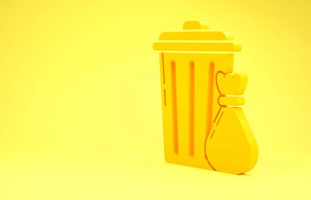 Yellow Trash can and garbage bag icon isolated on yellow background. Garbage bin sign. Recycle basket icon. Office trash icon. Minimalism concept. 3d illustration 3D renderの写真素材