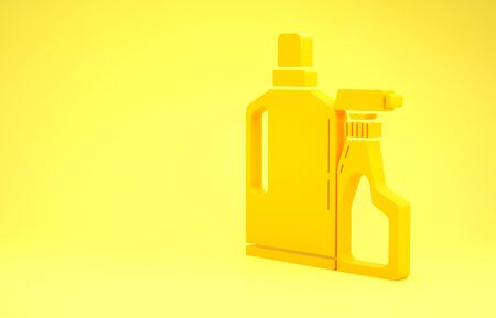 Yellow Plastic bottles for liquid laundry detergent, bleach, dishwashing liquid or another cleaning agent icon isolated on yellow background. Minimalism concept. 3d illustration 3D renderの写真素材