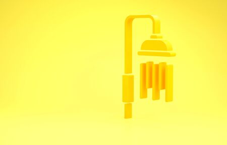 Yellow Shower head with water drops flowing icon isolated on yellow background. Minimalism concept. 3d illustration 3D renderの写真素材