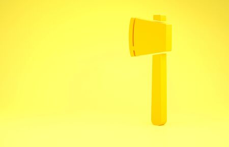 Yellow Wooden axe icon isolated on yellow background. Lumberjack axe. Happy Halloween party. Minimalism concept. 3d illustration 3D renderの写真素材