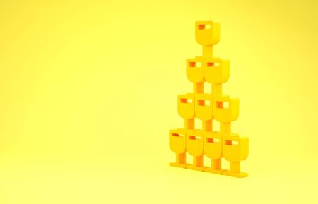 Yellow Wine glasses stacked in a pyramid tower icon isolated on yellow background. Wineglass sign. Minimalism concept. 3d illustration 3D renderの写真素材