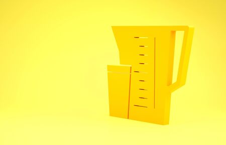 Yellow Measuring cup to measure dry and liquid food icon isolated on yellow background. Plastic graduated beaker with handle. Minimalism concept. 3d illustration 3D renderの写真素材
