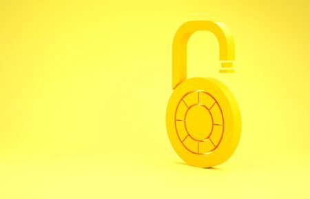 Yellow Safe combination lock wheel icon isolated on yellow background. Combination padlock. Security, safety, protection, password, privacy. Minimalism concept. 3d illustration 3D renderの写真素材
