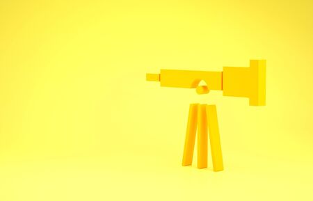 Yellow Telescope icon isolated on yellow background. Scientific tool. Education and astronomy element, spyglass and study stars. Minimalism concept. 3d illustration 3D renderの写真素材