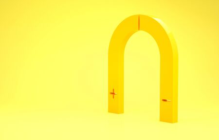 Yellow Magnet icon isolated on yellow background. Horseshoe magnet, magnetism, magnetize, attraction. Minimalism concept. 3d illustration 3D renderの写真素材