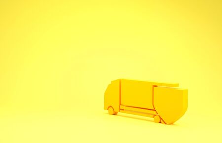 Yellow Delivery cargo truck with shield icon isolated on yellow background. Insurance concept. Security, safety, protection, protect concept. Minimalism concept. 3d illustration 3D renderの写真素材