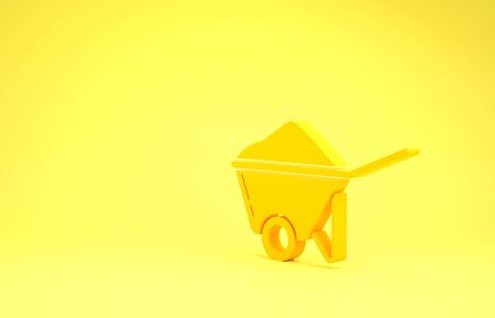 Yellow Wheelbarrow with dirt icon isolated on yellow background. Tool equipment. Agriculture cart wheel farm. Minimalism concept. 3d illustration 3D renderの写真素材