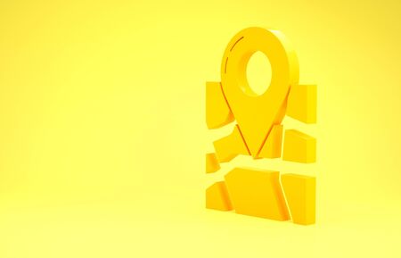Yellow Folded map with location marker icon isolated on yellow background. Minimalism concept. 3d illustration 3D renderの写真素材