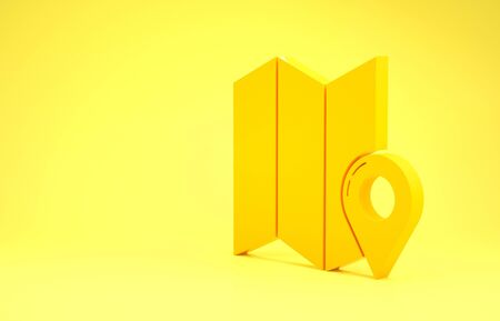 Yellow Folded map with location marker icon isolated on yellow background. Minimalism concept. 3d illustration 3D renderの写真素材
