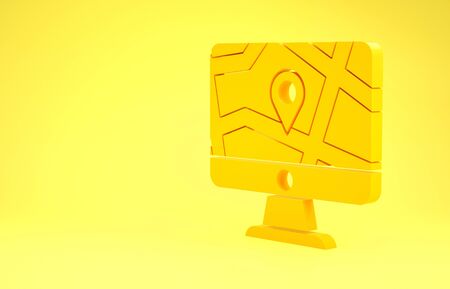 Yellow Computer monitor and folded map with location marker icon isolated on yellow background. Minimalism concept. 3d illustration 3D renderの写真素材
