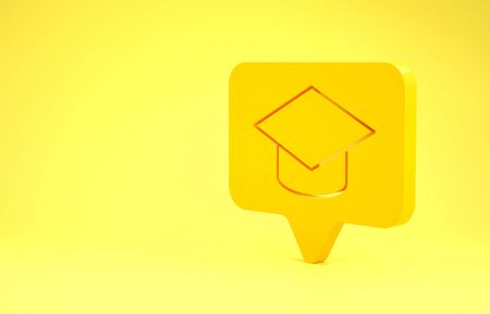 Yellow Graduation cap in speech bubble icon isolated on yellow background. Graduation hat with tassel icon. Minimalism concept. 3d illustration 3D renderの写真素材