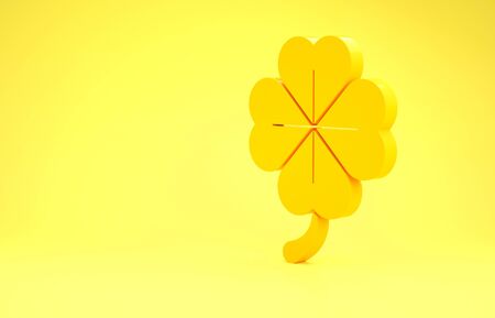 Yellow Four leaf clover icon isolated on yellow background. Happy Saint Patrick day. Minimalism concept. 3d illustration 3D renderの写真素材