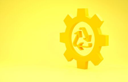 Yellow Recycle symbol and gear icon isolated on yellow background. Circular arrow icon. Environment recyclable go green. Minimalism concept. 3d illustration 3D renderの写真素材