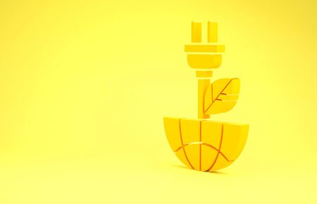 Yellow Electric saving plug in leaf icon isolated on yellow background. Save energy electricity icon. Environmental protection icon. Bio energy. Minimalism concept. 3d illustration 3D renderの写真素材