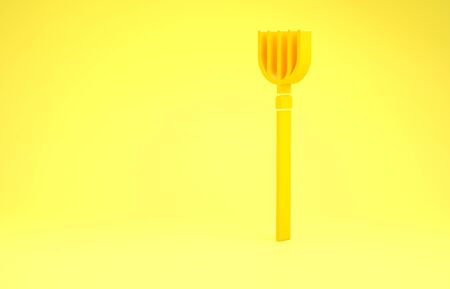 Yellow Garden pitchfork icon isolated on yellow background. Garden fork sign. Tool for horticulture, agriculture, farming. Minimalism concept. 3d illustration 3D renderの写真素材