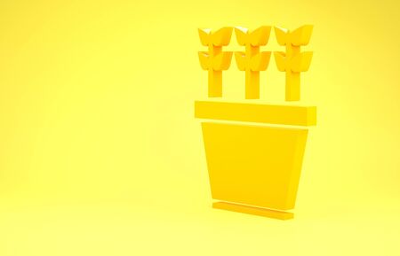 Yellow Plants in pot icon isolated on yellow background. Plants growing in a pot. Potted plant sign. Minimalism concept. 3d illustration 3D renderの写真素材