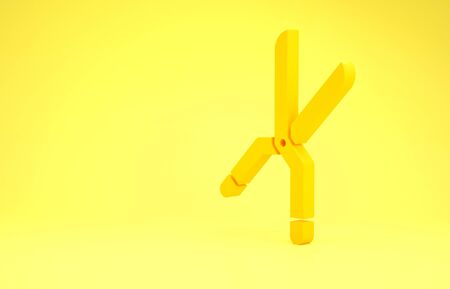Yellow Gardening handmade scissors for trimming icon isolated on yellow background. Pruning shears with wooden handles. Minimalism concept. 3d illustration 3D renderの写真素材
