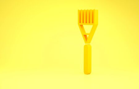 Yellow Garden rake icon isolated on yellow background. Tool for horticulture, agriculture, farming. Ground cultivator. Housekeeping equipment. Minimalism concept. 3d illustration 3D renderの写真素材