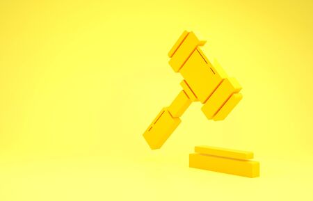 Yellow Judge gavel icon isolated on yellow background. Gavel for adjudication of sentences and bills, court, justice. Auction hammer. Minimalism concept. 3d illustration 3D renderの写真素材