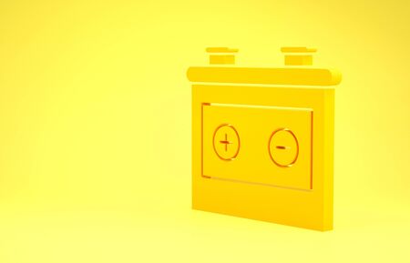 Yellow Car battery icon isolated on yellow background. Accumulator battery energy power and electricity accumulator battery. Minimalism concept. 3d illustration 3D renderの写真素材