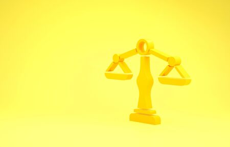 Yellow Scales of justice icon isolated on yellow background. Court of law symbol. Balance scale sign. Minimalism concept. 3d illustration 3D renderの写真素材