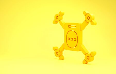 Yellow Drone flying with action video camera icon isolated on yellow background. Quadrocopter with video and photo camera symbol. Minimalism concept. 3d illustration 3D renderの写真素材