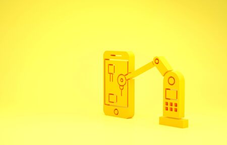 Yellow Industrial machine robotic robot arm hand on mobile phone factory icon isolated on yellow background. Industrial robot manipulator. Minimalism concept. 3d illustration 3D renderの写真素材