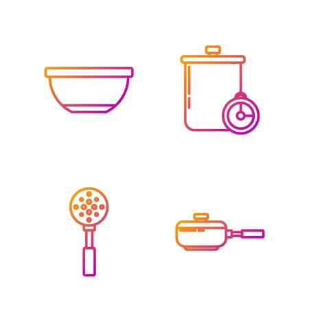 Set line Frying pan , Spatula , Bowl and Cooking pot and kitchen timer . Gradient color icons. Vectorのイラスト素材
