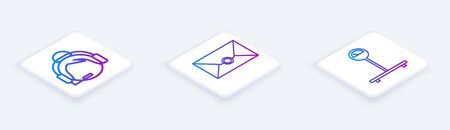 Set Isometric line Support operator in touch, Envelope and Scale . White square button. Vectorのイラスト素材