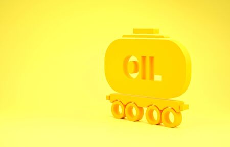 Yellow Oil railway cistern icon isolated on yellow background. Train oil tank on railway car. Rail freight. Oil industry. Minimalism concept. 3d illustration 3D renderの写真素材