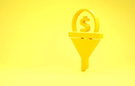 Yellow Lead management icon isolated on yellow background. Funnel with money. Target client business concept. Minimalism concept. 3d illustration 3D renderの写真素材