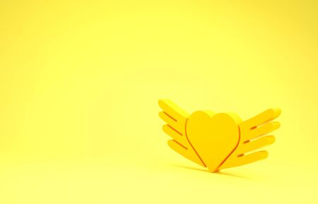 Yellow Heart with wings icon isolated on yellow background. Love symbol. Valentines day. Minimalism concept. 3d illustration 3D renderの写真素材