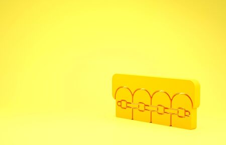 Yellow Teeth with braces icon isolated on yellow background. Alignment of bite of teeth, dental row with with braces. Dental concept. Minimalism concept. 3d illustration 3D renderの写真素材