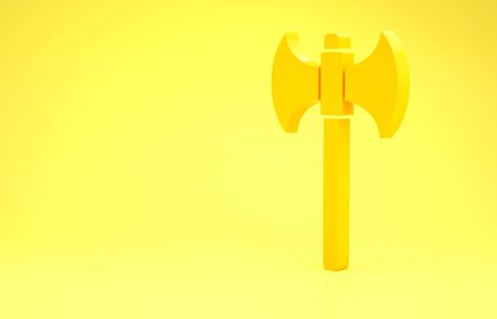 Yellow Medieval axe icon isolated on yellow background. Battle axe, executioner axe. Minimalism concept. 3d illustration 3D renderの写真素材