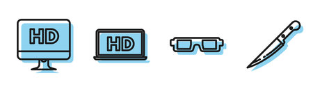 Set line 3D cinema glasses , Computer PC monitor with HD video technology , Laptop screen with HD...
