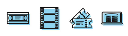 Set line Cinema ticket , VHS video cassette tape , Play Video and Buy cinema ticket online icon....