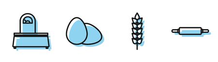 Set line Cereals with rice, wheat, corn, oats, rye, Scales , Chicken egg and Rolling pin icon. Vectorのイラスト素材