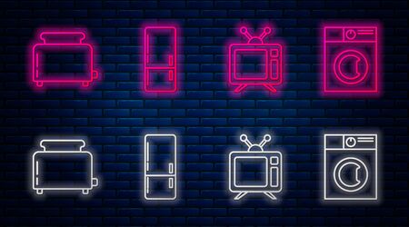 Set line Refrigerator , Television, Toaster with toasts  and Washer . Glowing neon icon on brick wall. Vectorのイラスト素材