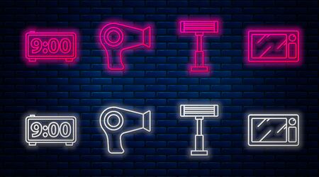Set line Hair dryer , Electric heater Glowing neon Electric heater icon