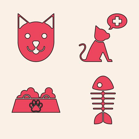 Set Fish skeleton, Cat, Veterinary clinic symbol and Pet food bowl for cat or dog icon. Vectorのイラスト素材