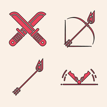 Set Trap hunting, Crossed hunter knife, Bow and fire arrow and Flame arrow icon. Vectorのイラスト素材