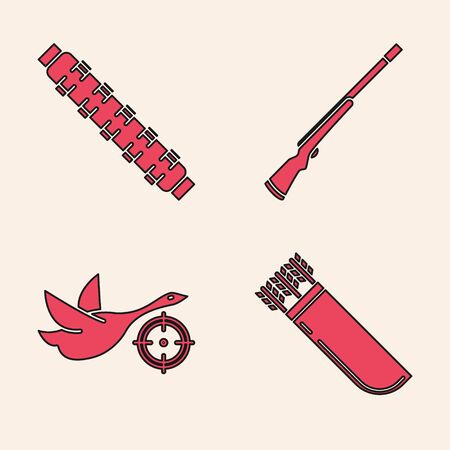 Set Quiver with arrows, Hunting cartridge belt with cartridges, Hunting gun and Hunt on duck with crosshairs icon. Vectorのイラスト素材