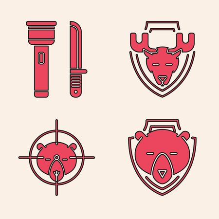 Set Bear head on shield, Flashlight and knife, Moose head on shield and Hunt on bear with crosshairs icon. Vectorのイラスト素材