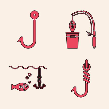 Set Fishing hook, Fishing hook, Fishing rod and fish and Fishing hook under water with fish icon. Vectorのイラスト素材