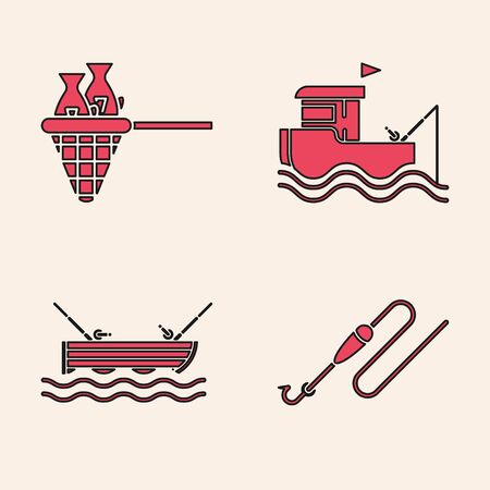 Set Fishing line with hook and float, Fishing net with fish, Fishing boat with fishing rod on water icon. Vectorのイラスト素材