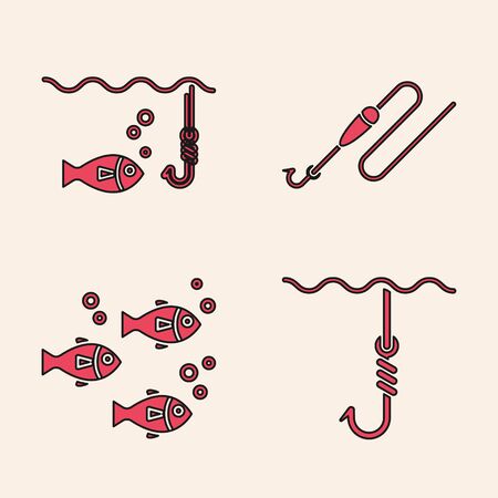Set Fishing hook under water, Fishing hook under water with fish, Fishing line with hook and float and Fish icon. Vectorのイラスト素材
